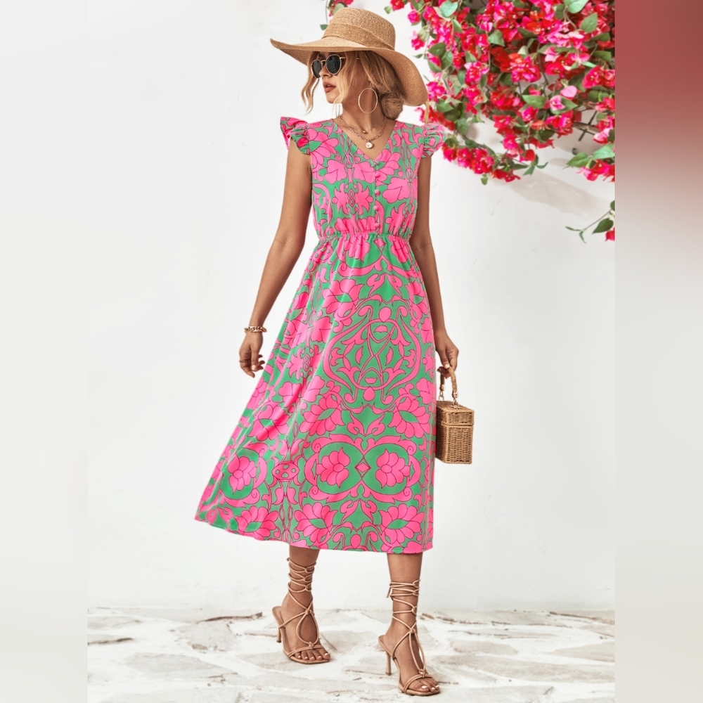 Floral V-Neck Cap Sleeve Dress - Picture 4 of 9
